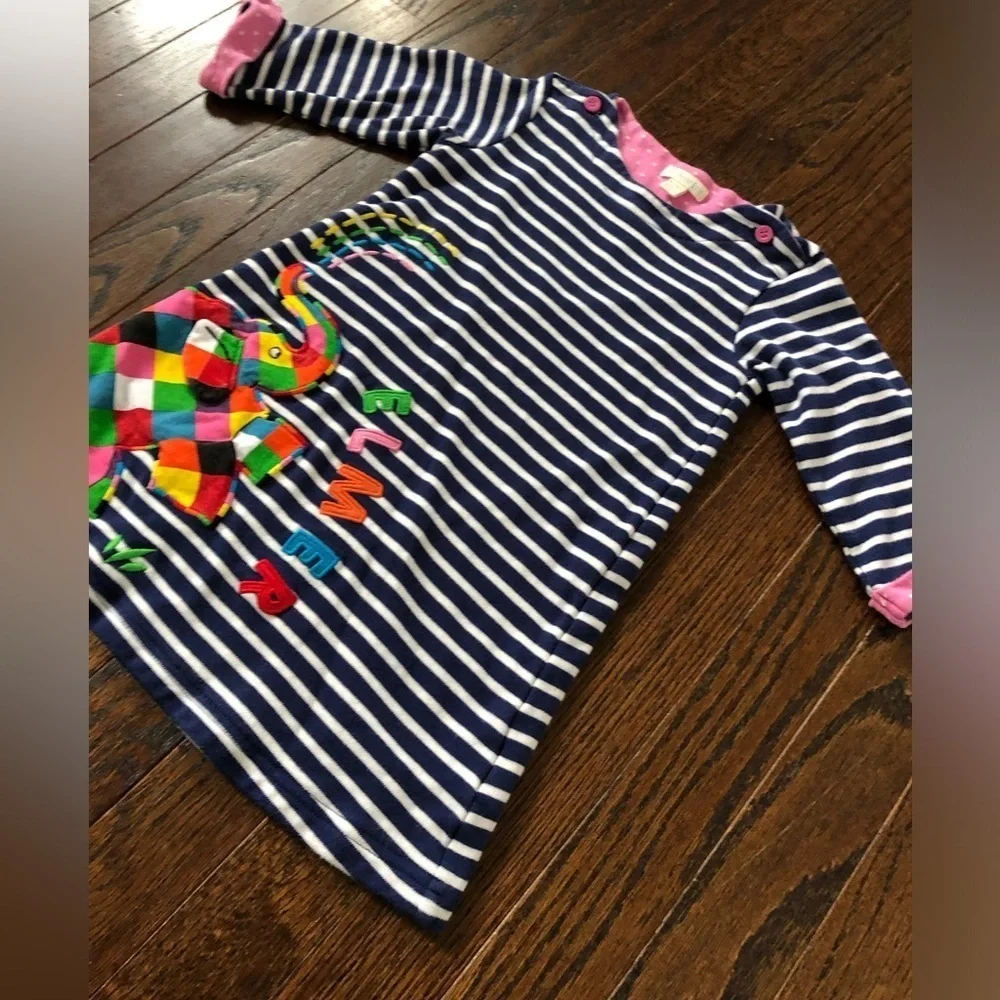 JoJo Maman Bébé Girls 3-4 Navy Blue Striped Elmer Elephant Appliqué A-Line Dress
